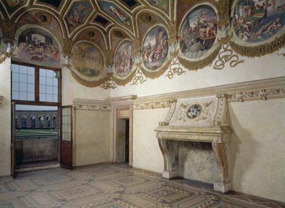 View of the Camera dei Venti, showing the stucco fireplace and frieze with zodiac roundels above, 1528 by Giulio Romano